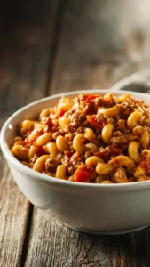 Delicious bowl of old-fashioned goulash with noodles and vegetables