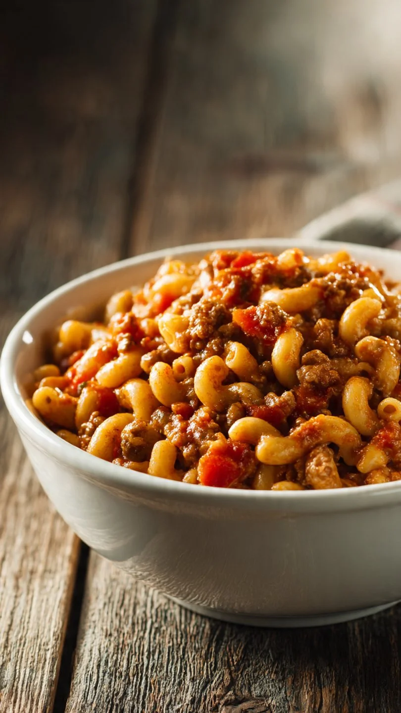 Delicious bowl of old-fashioned goulash with noodles and vegetables