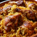 One Pot Chicken and Rice cooked in a skillet, served with herbs