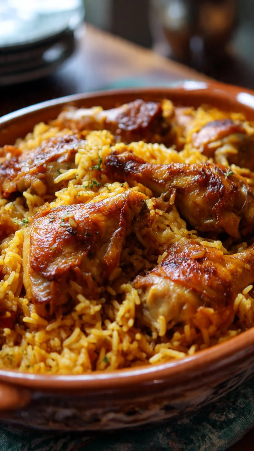 One Pot Chicken and Rice cooked in a skillet, served with herbs