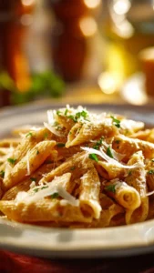 One Pot Creamy Garlic Pasta with herbs and cheese in a skillet