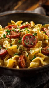 One Pot Kielbasa Pasta dish with colorful vegetables and creamy sauce