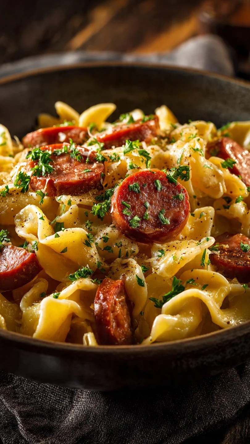 One Pot Kielbasa Pasta dish with colorful vegetables and creamy sauce