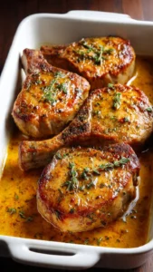 Delicious oven baked pork chops served with sides on a plate.