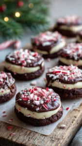 Delicious peppermint bark cookies topped with crushed candy canes and chocolate.