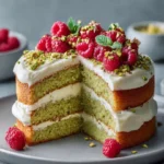Delicious Pistachio Raspberry Cake topped with vibrant raspberries and pistachios