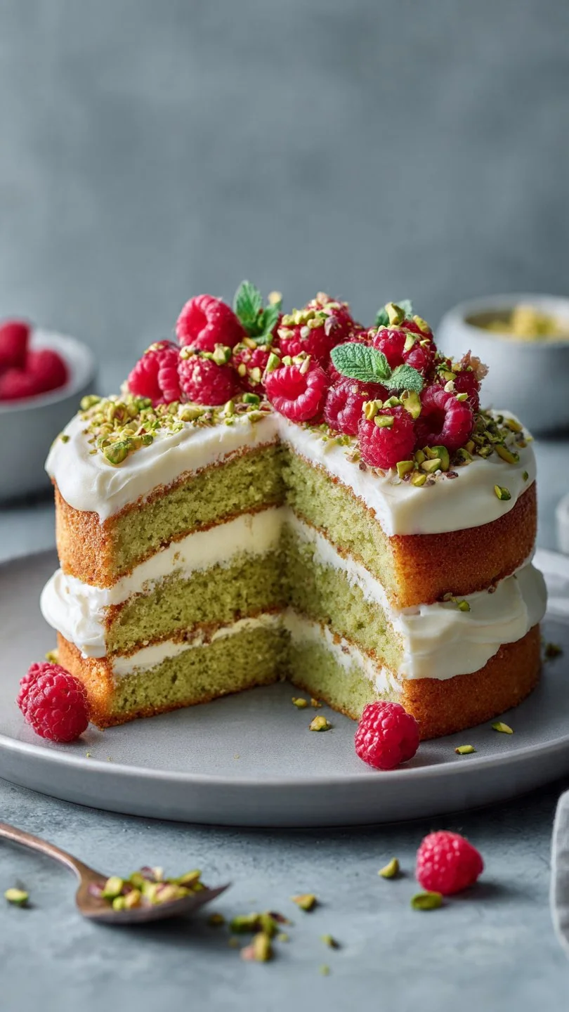 Delicious Pistachio Raspberry Cake topped with vibrant raspberries and pistachios