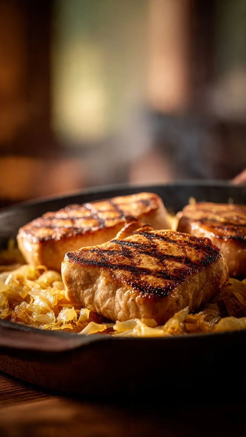 Pork Chop and Sauerkraut Casserole served in a baking dish