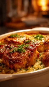 Delicious Pork Chop Casserole served on a plate with fresh herbs