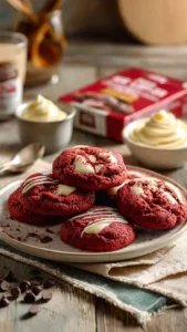 Freshly baked red velvet cookies made from cake mix with cream cheese frosting.