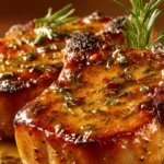Rosemary garlic butter pork chops plate with herbs and sides