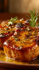 Rosemary garlic butter pork chops plate with herbs and sides