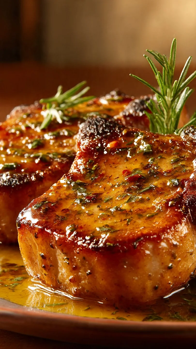 Rosemary garlic butter pork chops plate with herbs and sides