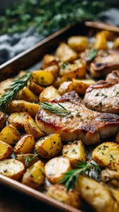 Sheet pan pork chops and potatoes ready to serve