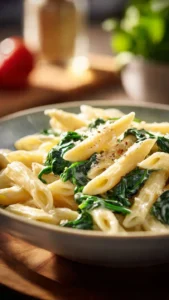 Simple pasta dish with fresh spinach garnished with parmesan cheese