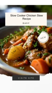 Bowl of slow cooker chicken stew filled with vegetables and herbs