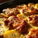 Smothered pork chop casserole with scalloped potatoes in a baking dish