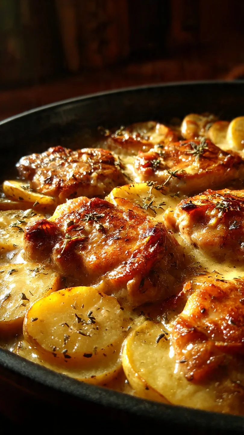 Smothered pork chop casserole with scalloped potatoes in a baking dish