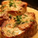 Delicious smothered pork chops with gravy and herbs on a plate