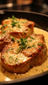 Delicious smothered pork chops with gravy and herbs on a plate