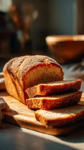 Sourdough apple cider donut quick bread on a wooden table with autumn decor