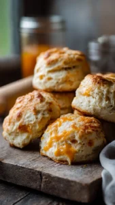 Freshly baked sourdough discard cheddar biscuits on a baking tray