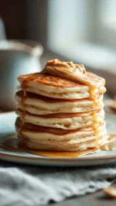 Fluffy sourdough pancakes topped with fresh berries and syrup
