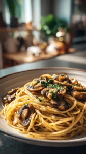 Plate of spaghetti topped with sautéed mushrooms, garlic, and butter sauce.