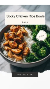 Delicious sticky chicken rice bowls topped with savory sauce and fresh herbs.