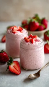 Bowl of strawberries and cream overnight oats topped with fresh strawberries