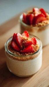 Bowl of Strawberry Cheesecake Overnight Oats topped with fresh strawberries