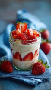 Bowl of strawberry yogurt overnight oats topped with fresh strawberries and chia seeds