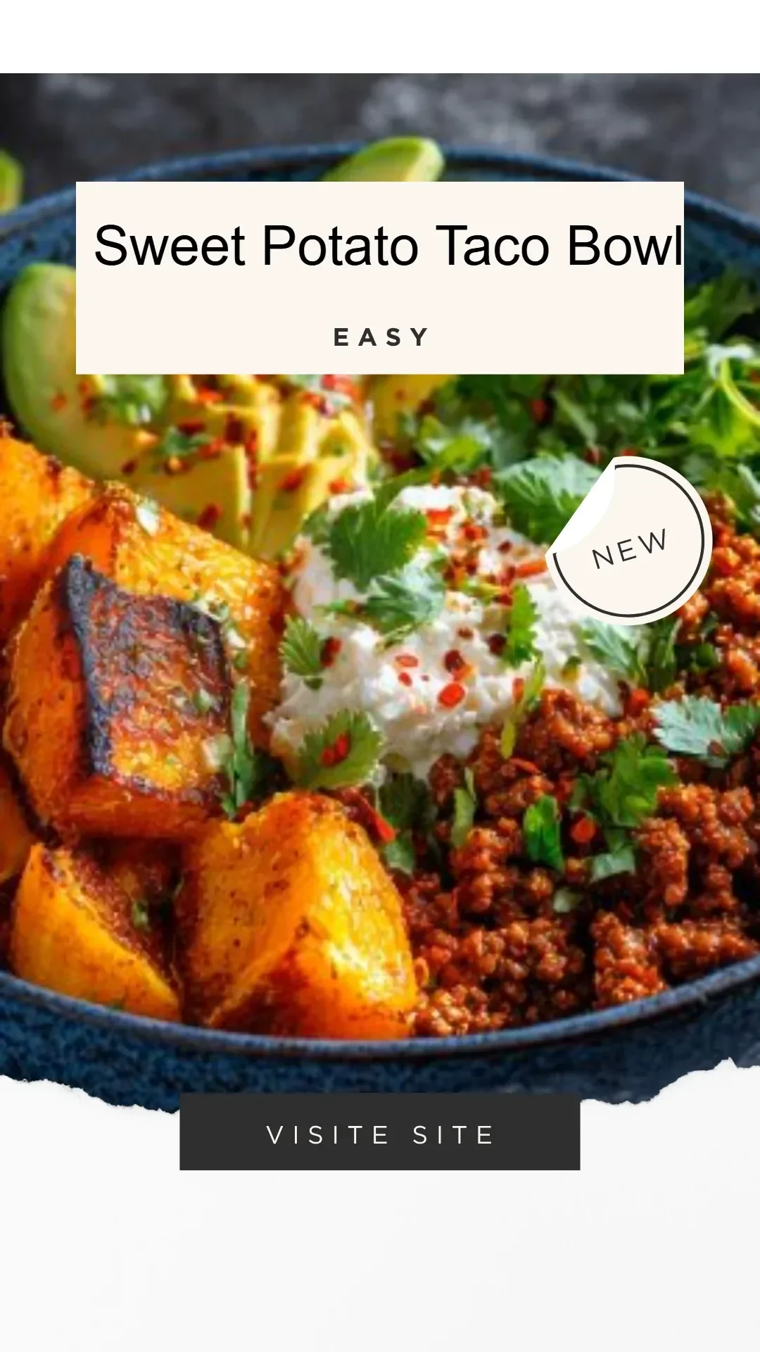 Colorful sweet potato taco bowl topped with fresh ingredients