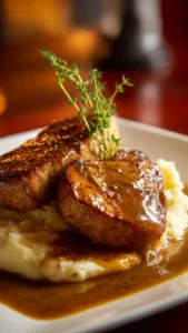 Tender juicy pork chops cooked to perfection on a plate