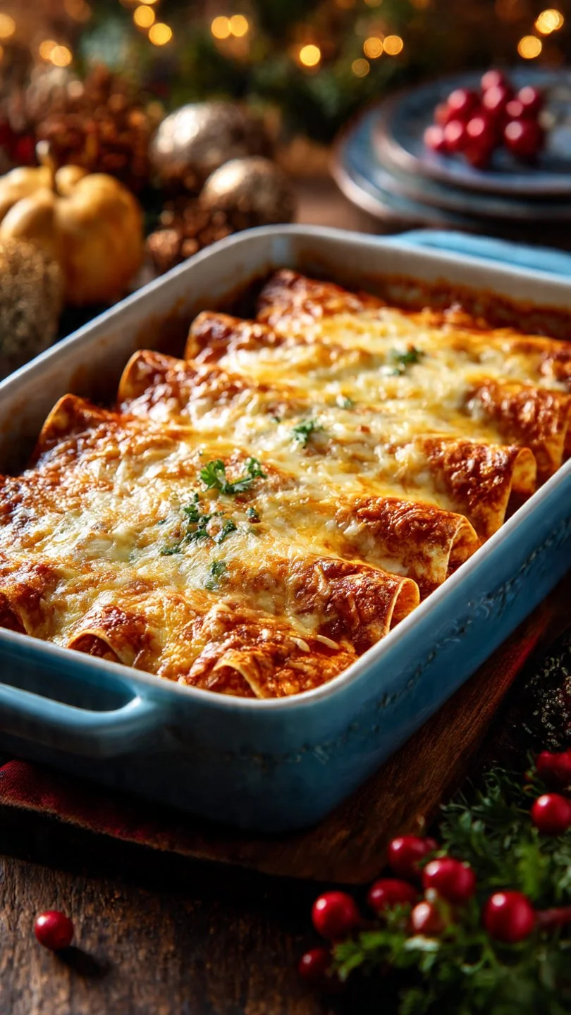 Thanksgiving Enchiladas filled with turkey and festive toppings