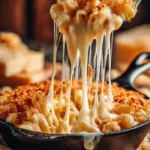 Delicious truffle mac n cheese topped with herbs and cheese in a rustic dish