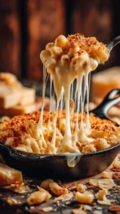 Delicious truffle mac n cheese topped with herbs and cheese in a rustic dish