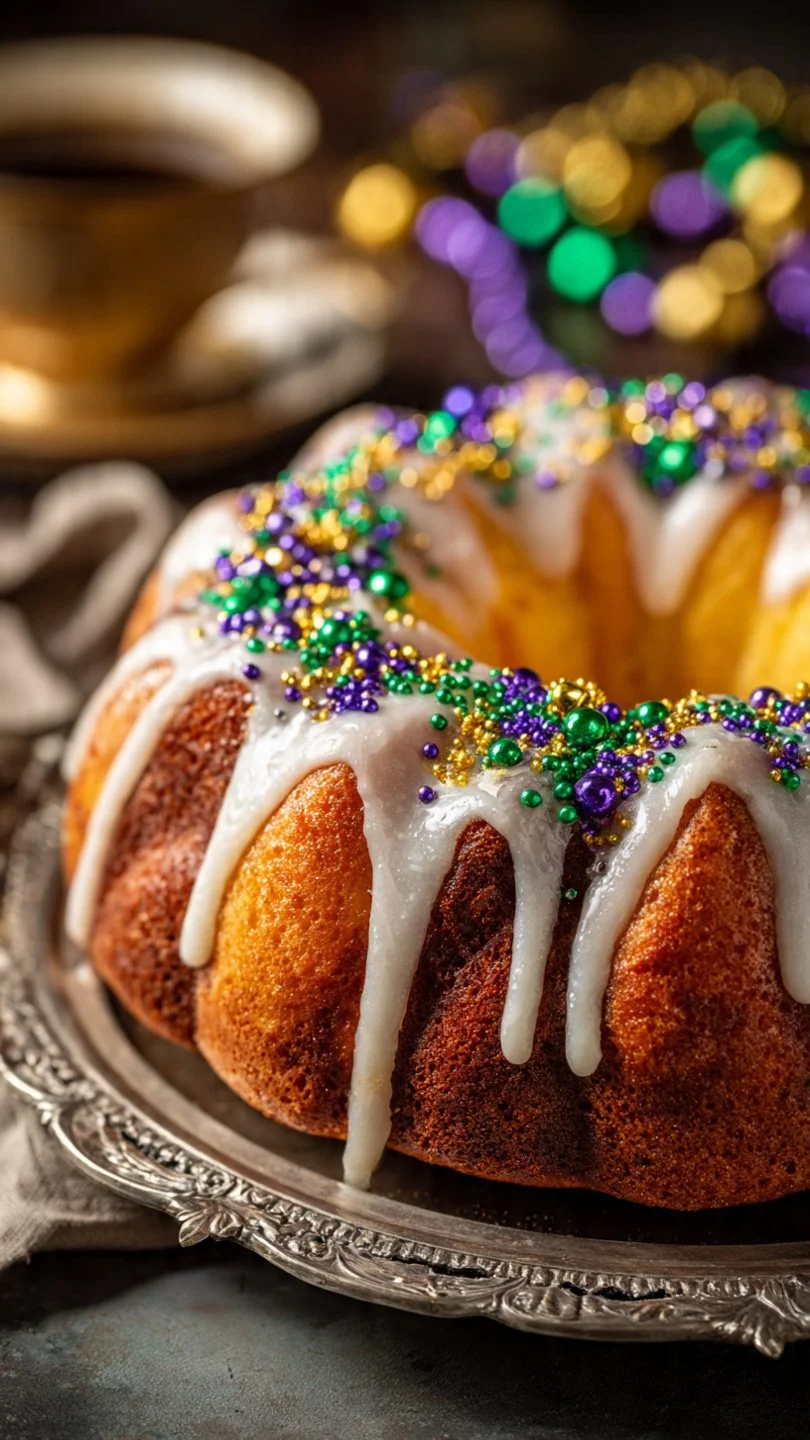 Traditional King Cake with colorful icing and a hidden baby figurine, celebrating Mardi Gras.