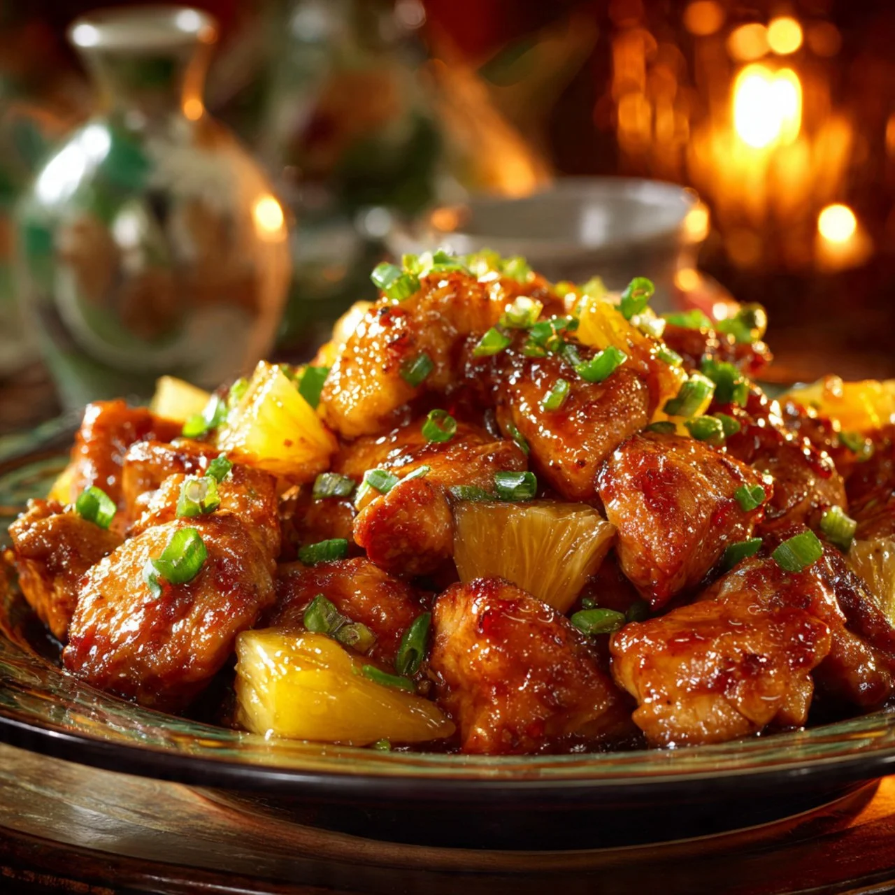 Delicious brown sugar pineapple chicken served with colorful vegetables