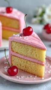 Delicious Almond Cake with Maraschino Cherry Buttercream Frosting on a plate