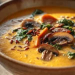 Bowl of autumn wild rice soup with vegetables and herbs for fall comfort food