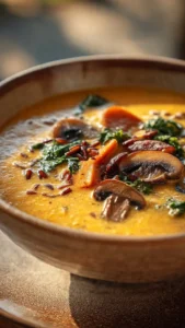 Bowl of autumn wild rice soup with vegetables and herbs for fall comfort food