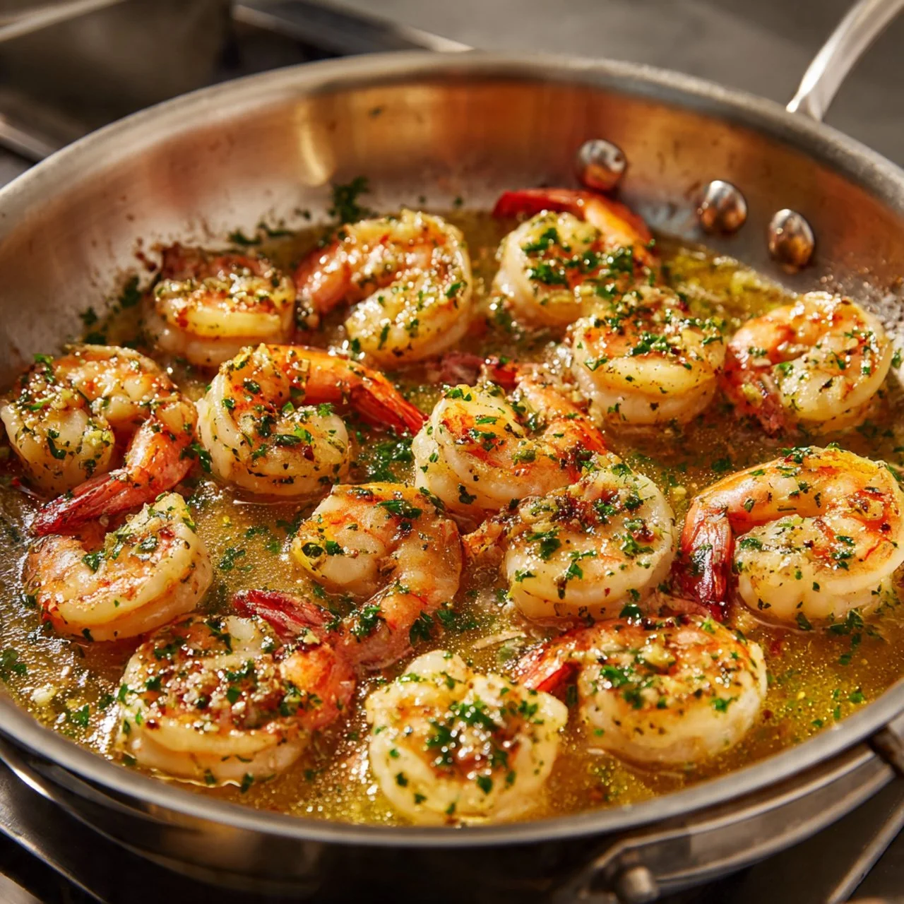 Plate of delicious shrimp scampi with garlic and herbs