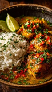 A vibrant plate of Brazilian Coconut Chicken garnished with fresh herbs.