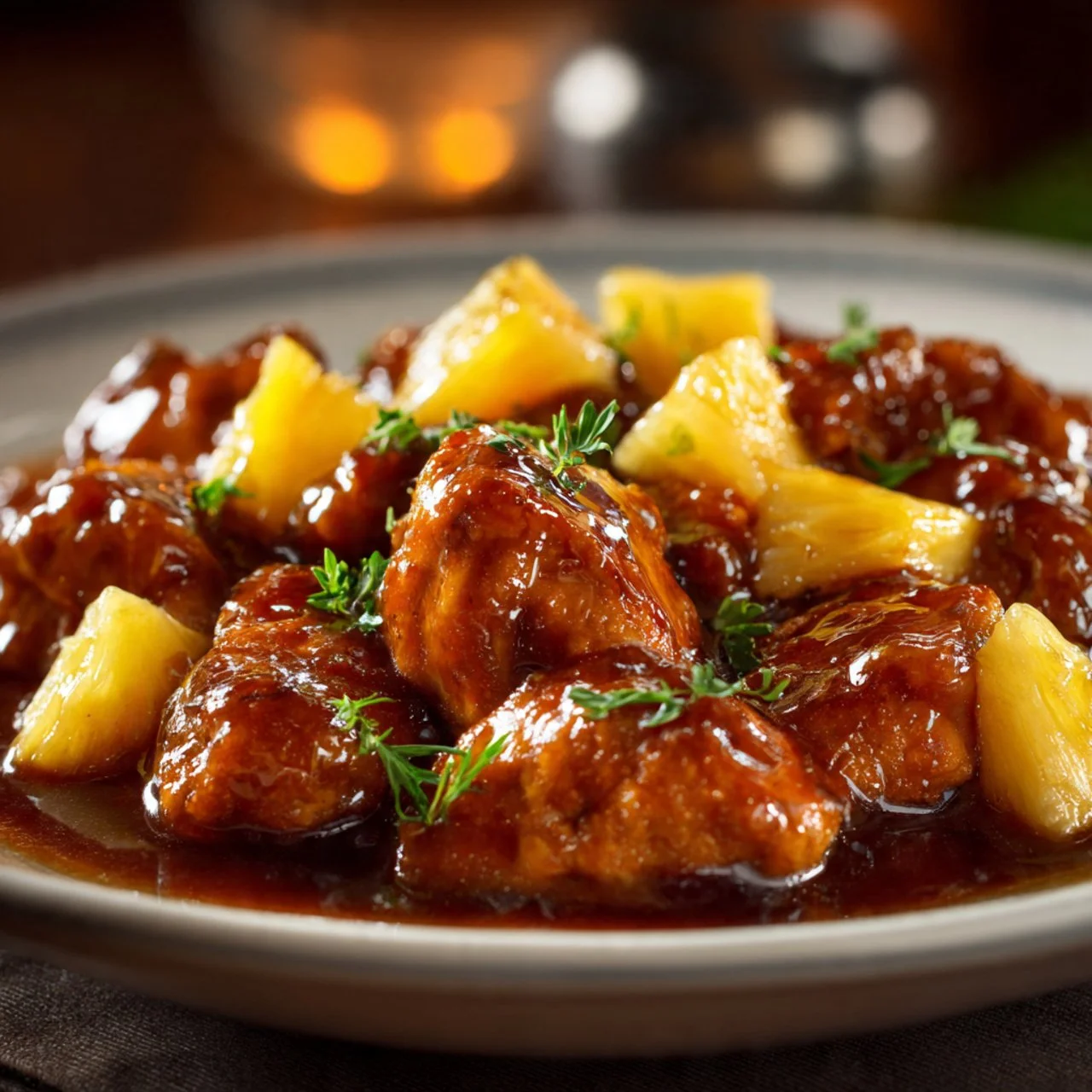 Delicious Brown Sugar Pineapple Chicken served on a plate with herbs and pineapple garnish