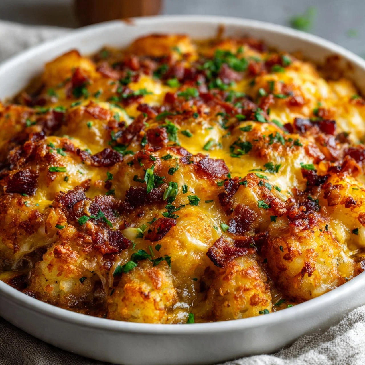 Cheeseburger Tater Tot Casserole baked with savory beef and crispy tots
