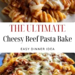 Cheesy beef pasta bake with melted cheese and pasta in a baking dish