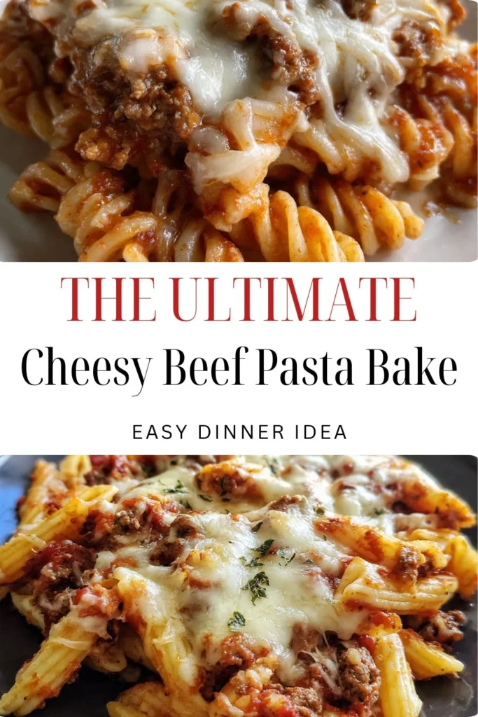 Cheesy beef pasta bake with melted cheese and pasta in a baking dish