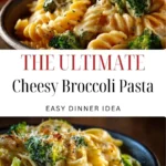 Cheesy broccoli pasta dish topped with melty cheese and fresh broccoli florets.