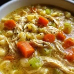 Bowl of homemade chicken soup with vegetables and herbs